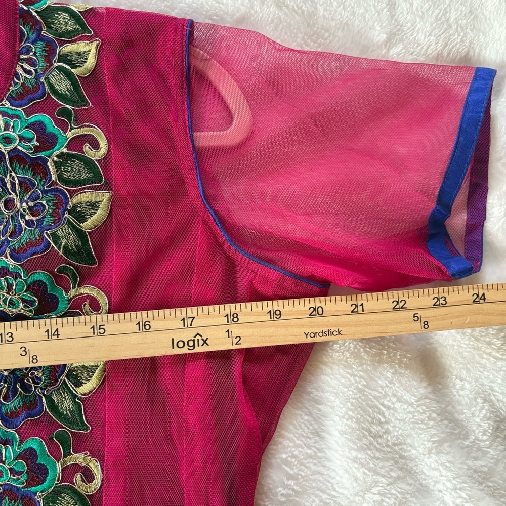 Magenta Embroidered Anarkali Gown Handmade Lined Tulle Outer Layer Indian Sz M - Picture 4 of 15